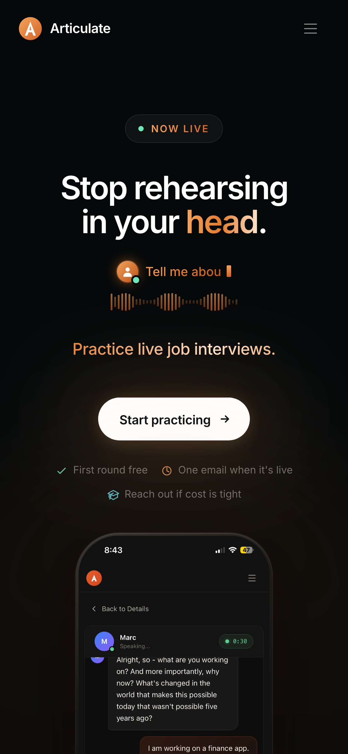 The Articulate homepage hero on a phone